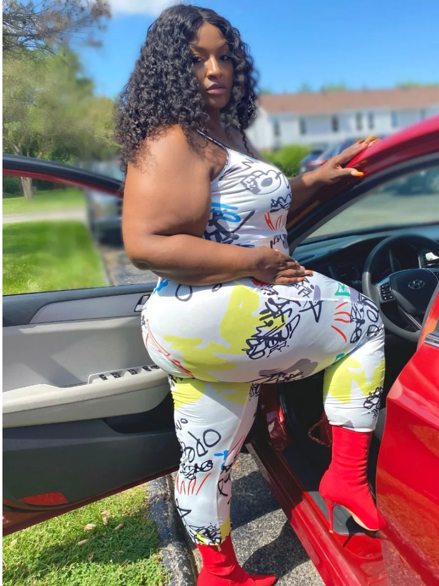 

LW Plus Size Women Clothing 2022 Summer Street Backless Letter Print Jumpsuit Wide Leg Pants