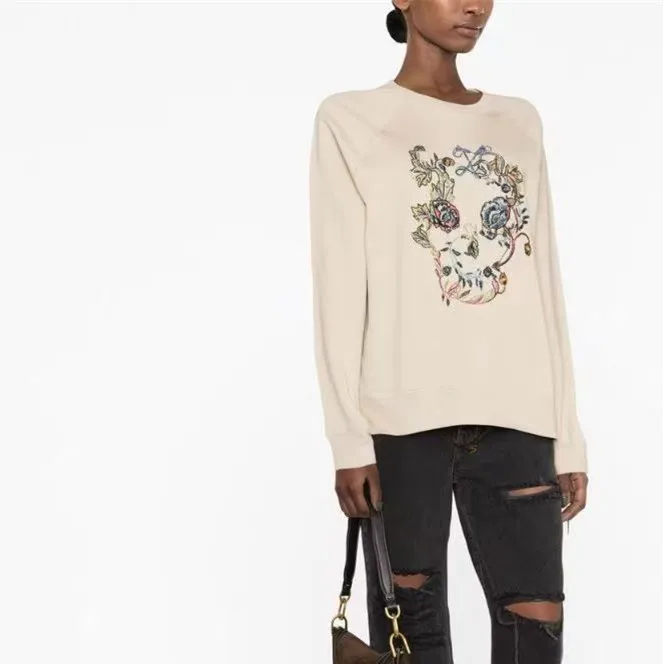

Women Sweatshirt Skull Floral Embroidery Long Sleeve Loose Pullover Tops Cotton Fleece Casual