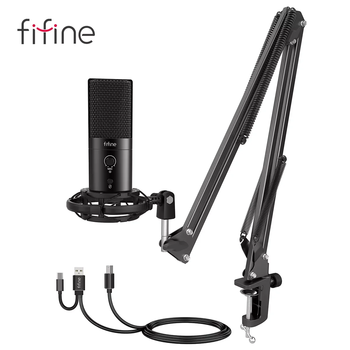 

FIFINE USB C&A Gaming Streaming Microphone Kit for PC Computer, Arm Stand Mute Button&Gain,Studio Mic for Podcast Record