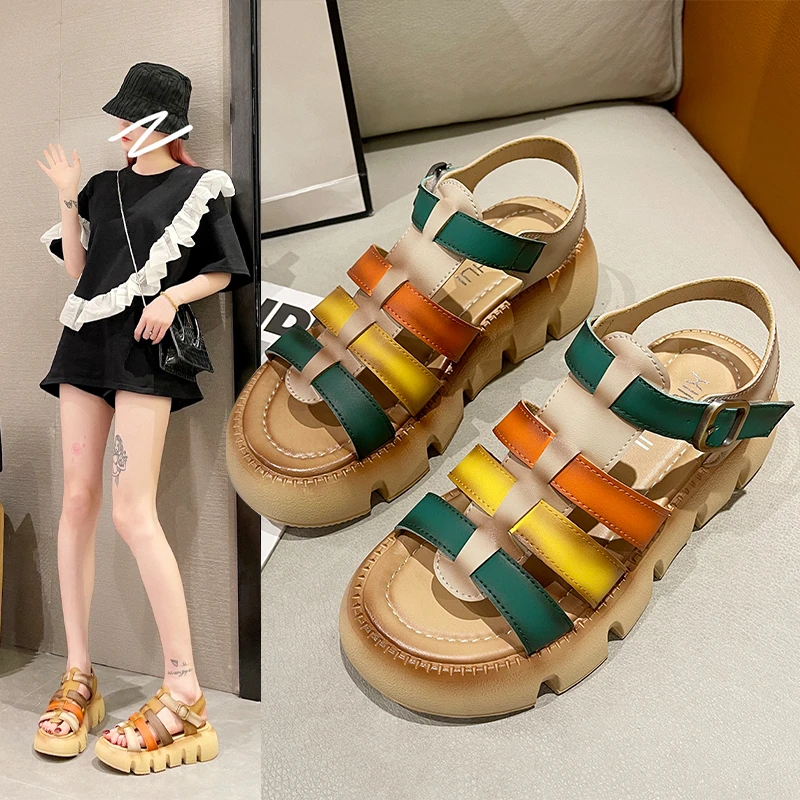 

Women Platform Sandals Buckle Strap Square Heel Lady Casual Leather Open Toe Gladiator Wedges Non Slip Slides Female Beach Shoes