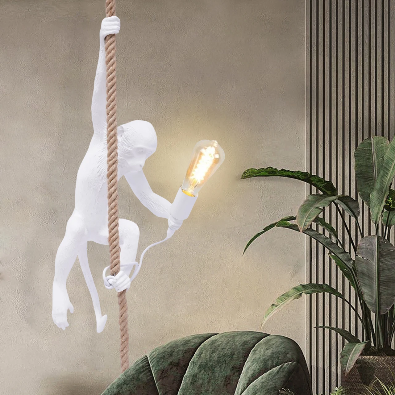 

Creative Monkey Pendant Light Resin LED Hemp Rope Lamp Vintage Home Decor Chandelier For Bedroom Lighting Fixture White/Gold