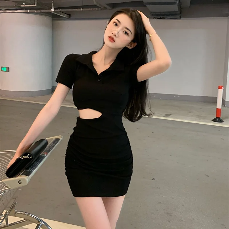 

Summer Sexy Lapel Beach Dress Short Sleeve Show-waist Tight-fitting Hip Bottoming Short Dress Women Girl Nightclub Dress