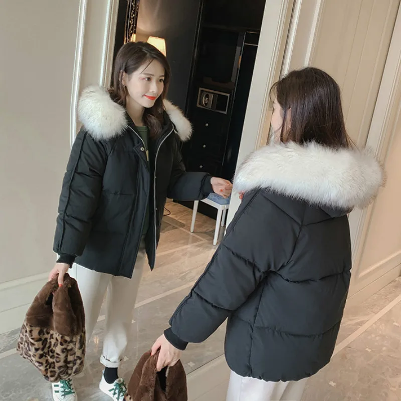 S-XL Parkas Female Jackets Women Faux Fur Collar Hooded Thicken Warm Loose Coats Snow Outerwear Winter Cotton Jacket Oversize