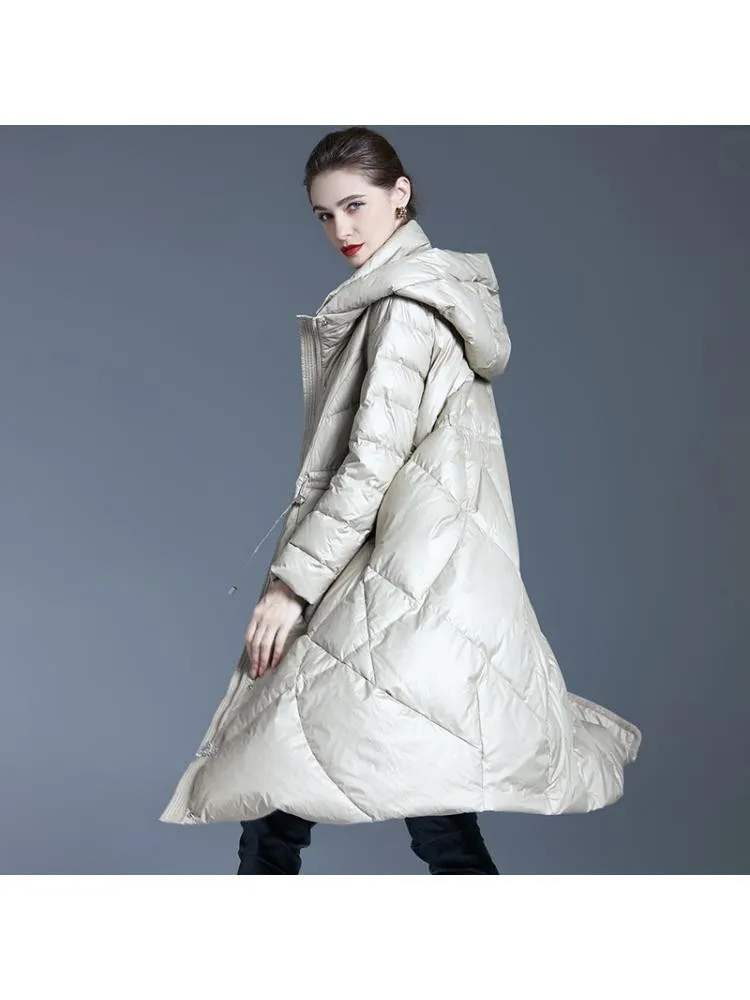 European 2022 Winter Long Thicked Hooded Black Loose High End 90 White Duck Down Coats Women Warmer Jackets