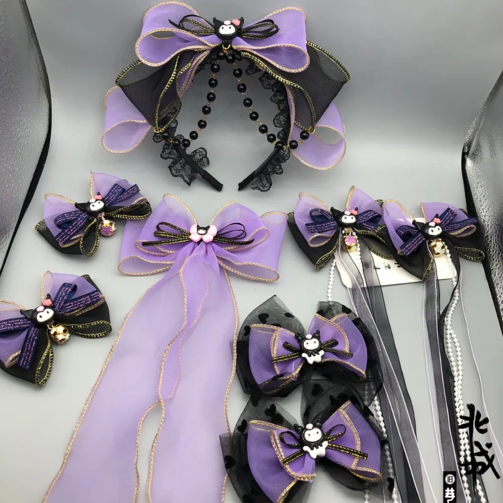 

Sanrios Anime Kawaii Kuromi Lolita Purple Black Bow Knot Streamer Hair Accessories Clamping Hairband Necklace Girl Accessories