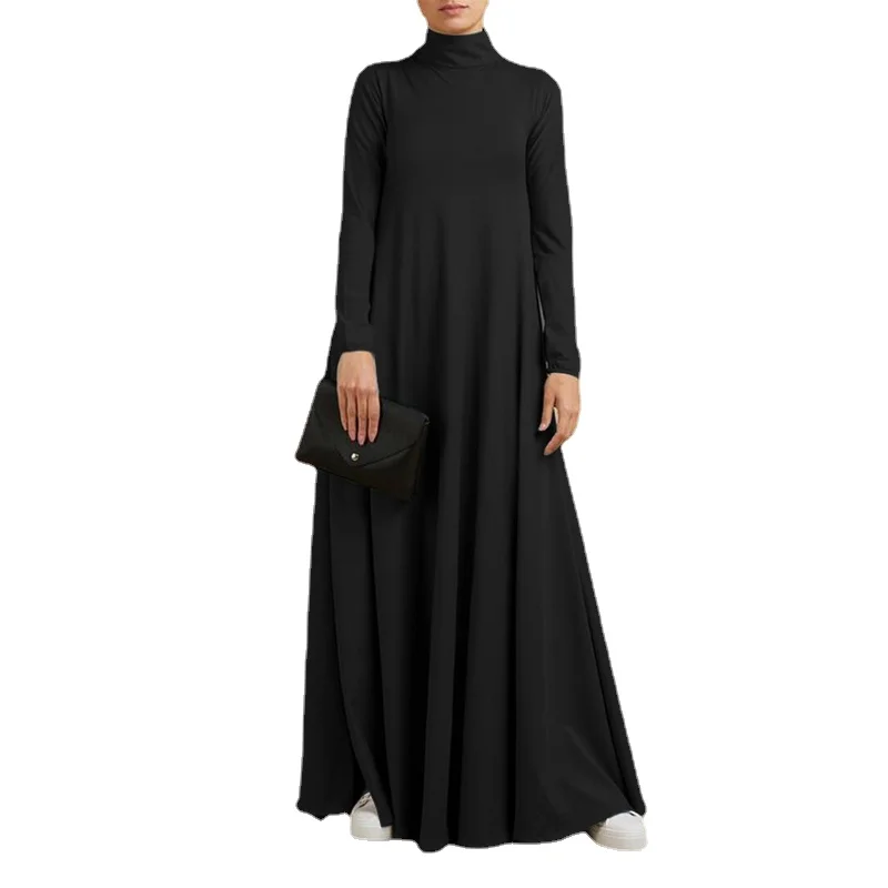 S-5XL Muslim Dresses Abayas for Women Vintage Solid Maxi Dress Women's Turtleneck Sundress Casual Long Sleeve Maxi Vestidos