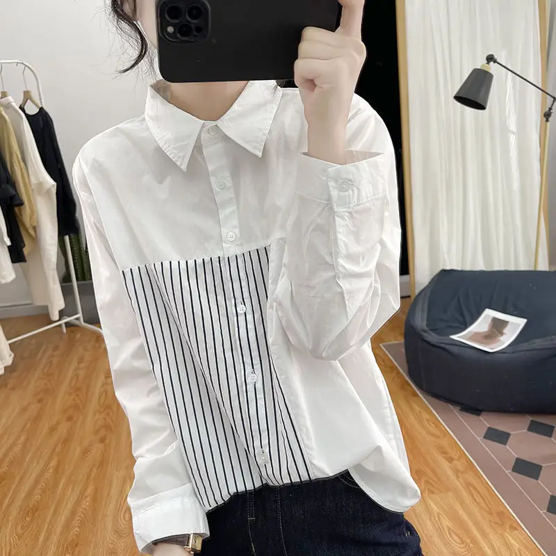 

Женская хлопковая рубашка в полоску, белая Свободная рубашка с длинными рукавами, корейский стиль, подходящий цвет, на осень