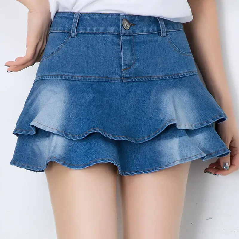 

Spring Summer Fresh Sweet Mini Denim Skirts Women Korean Culottes Fishtail Ruffle Slim Vintage Distressed Skirt Female Casual