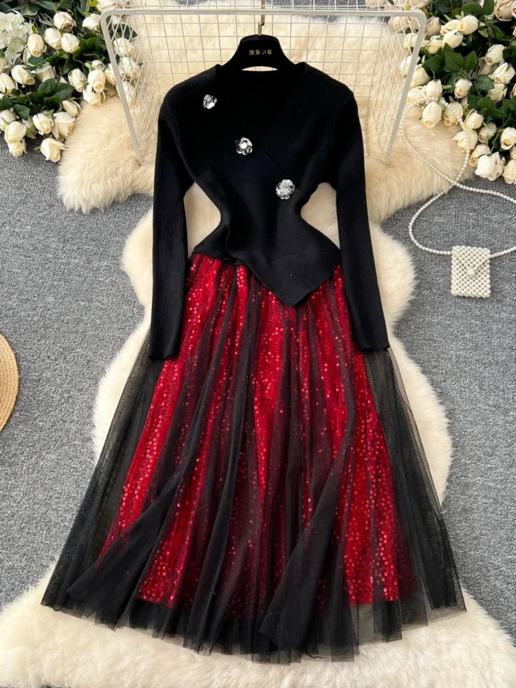 Женское винтажное праздничное платье осень-зима 3D цветок v-образный вырез