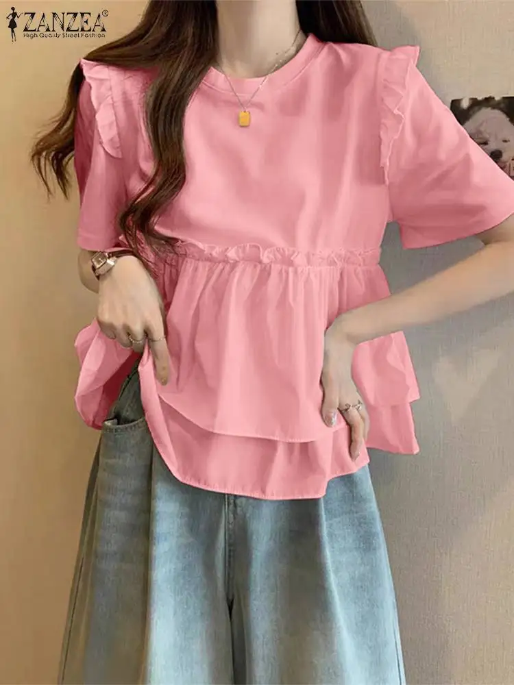 Блузка ZANZEA Sweety с оборками и коротким рукавом летние женские корейские однотонные