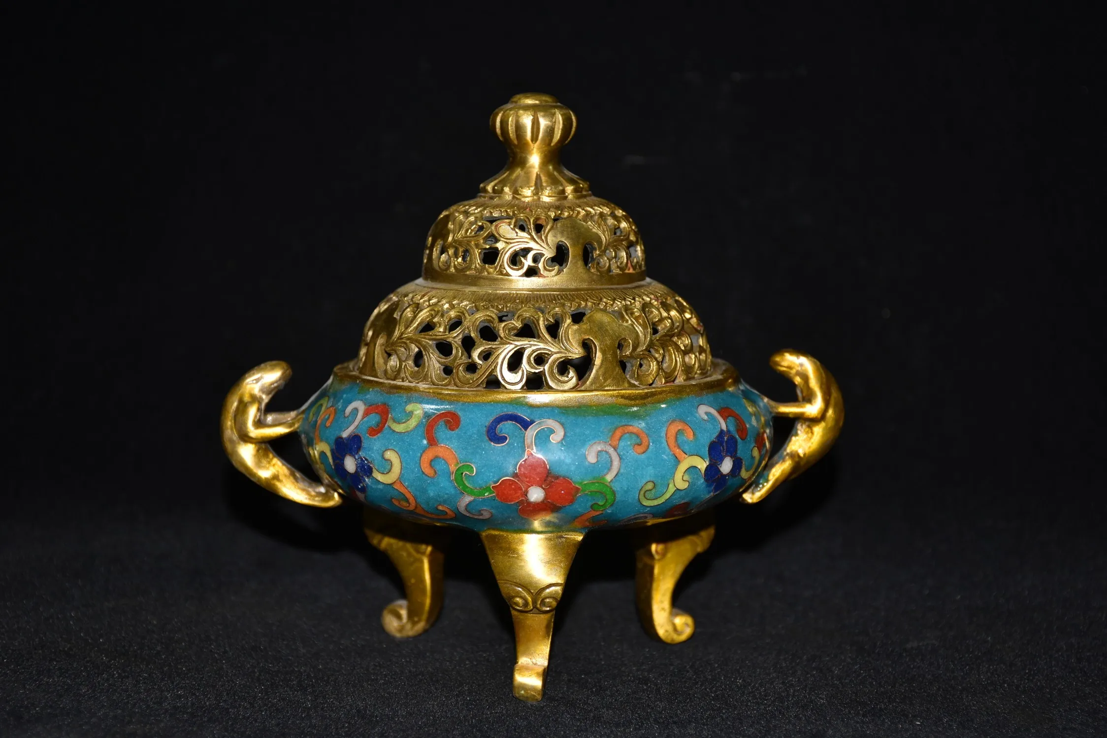 

7" Tibetan Temple Collection Old Bronze Cloisonne Gilt lotus beast binaural incense burner office ornament Town House Exorcism