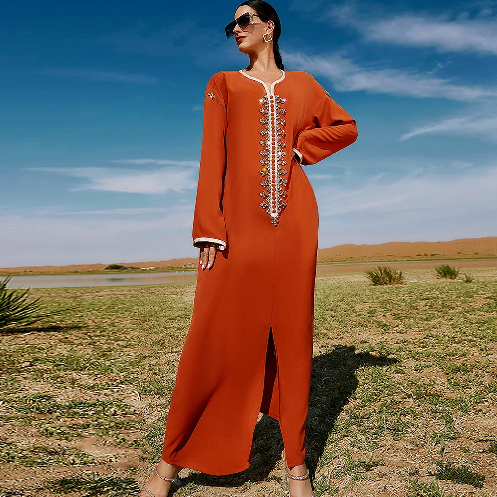

Orange Hand-stitched Diamond Elegant Long Dress 2022 New Fashion Ramadan Dresses Muslim Dubai Abaya Middle East Satin Kaftan
