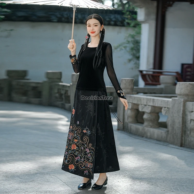2024 новый китайский стиль улучшенная юбка в национальном стиле с вышивкой и