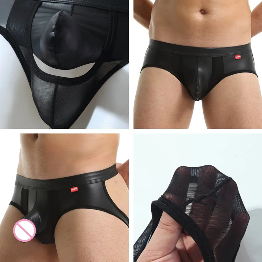 

Men Hollow Thongs Gay Underwear Sexy See-through Mesh Hole G-Strings Male Panties Exotic Elephant Nose PU Penis Pouch Jockstrap