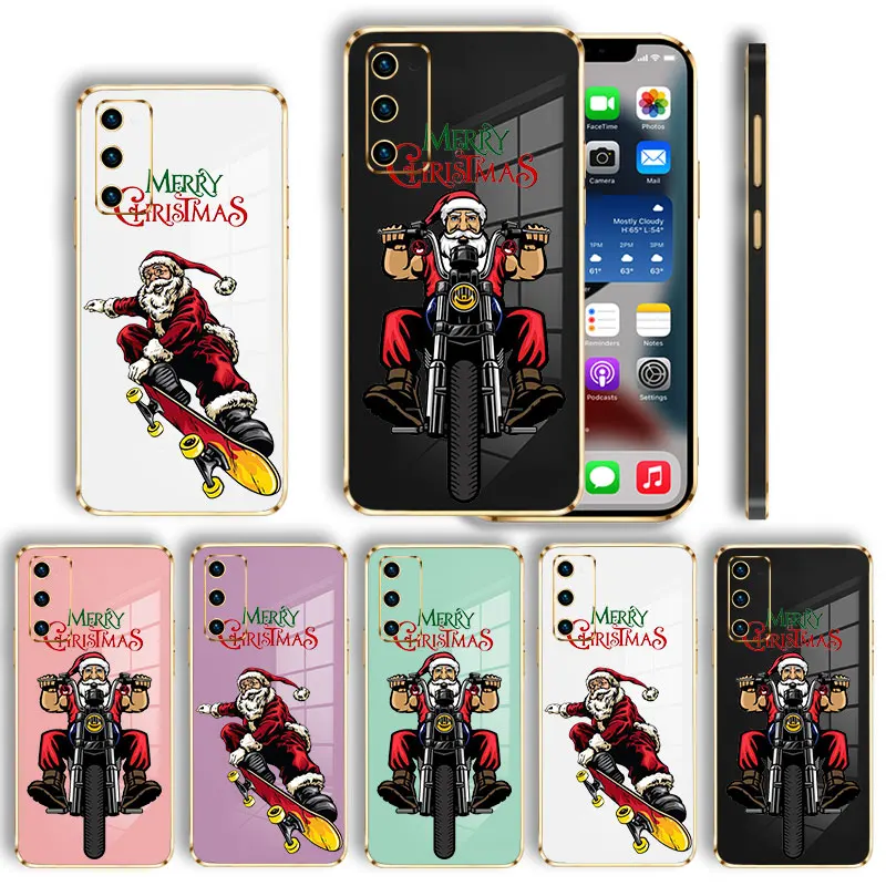

Plating Case For Samsung Galaxy S22 S21 S20 FE Ultra S10 Plus Note 20Ultra 10Lite M62 M53 Christmas Santa Claus Motorcycle Skate
