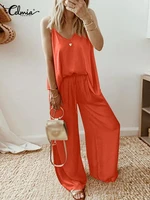 women spaghetti strap pant sets summer celmia camisole tank tops and wide leg long trousers casual elastic waist 2 piece suits