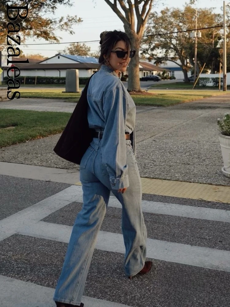 2024 женские официальные элегантные синие джинсовые рубашки Traf тонкие бандажные