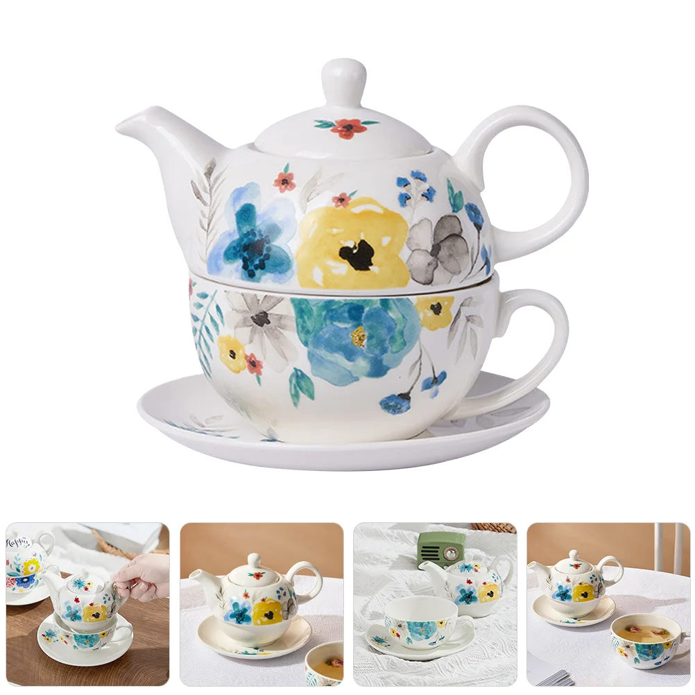 

1 set of Ceramic Tea Pot Kitchen Tea Kettle Plate Teapot with Tea Cup Printed Tea Cup