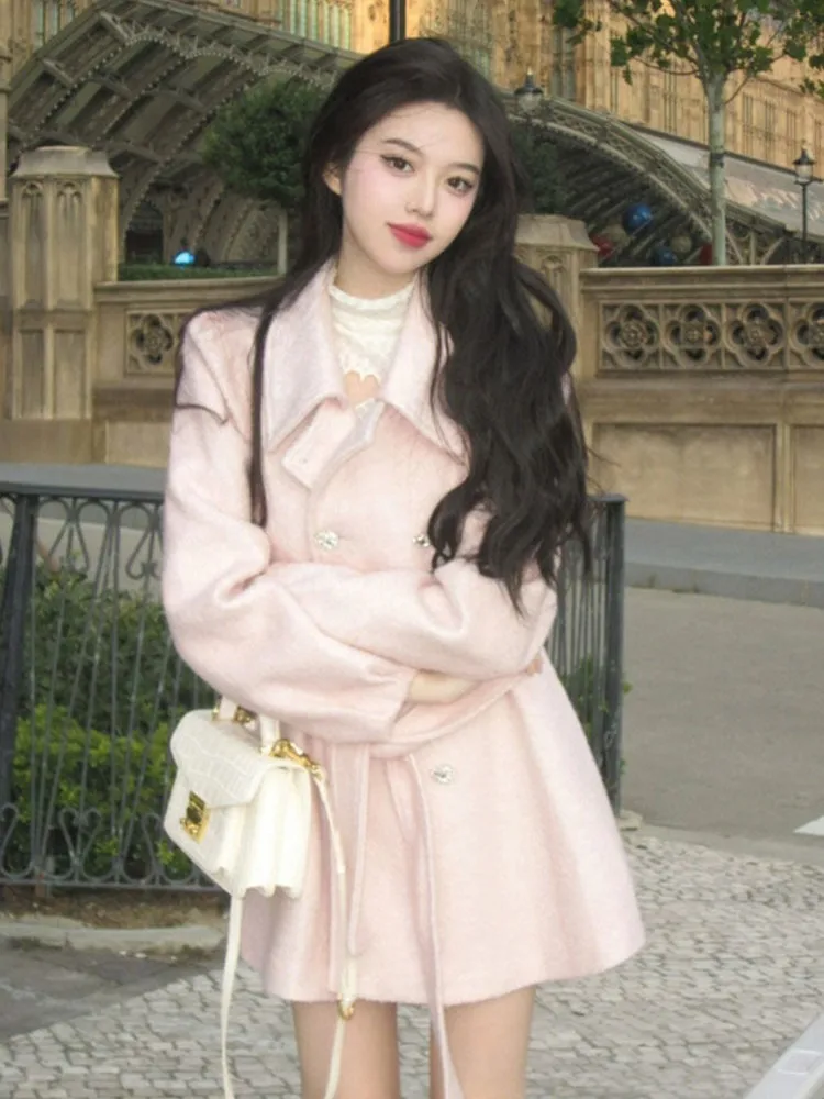 Женский твидовый пиджак в стиле Хепберн розовый с отложным воротником