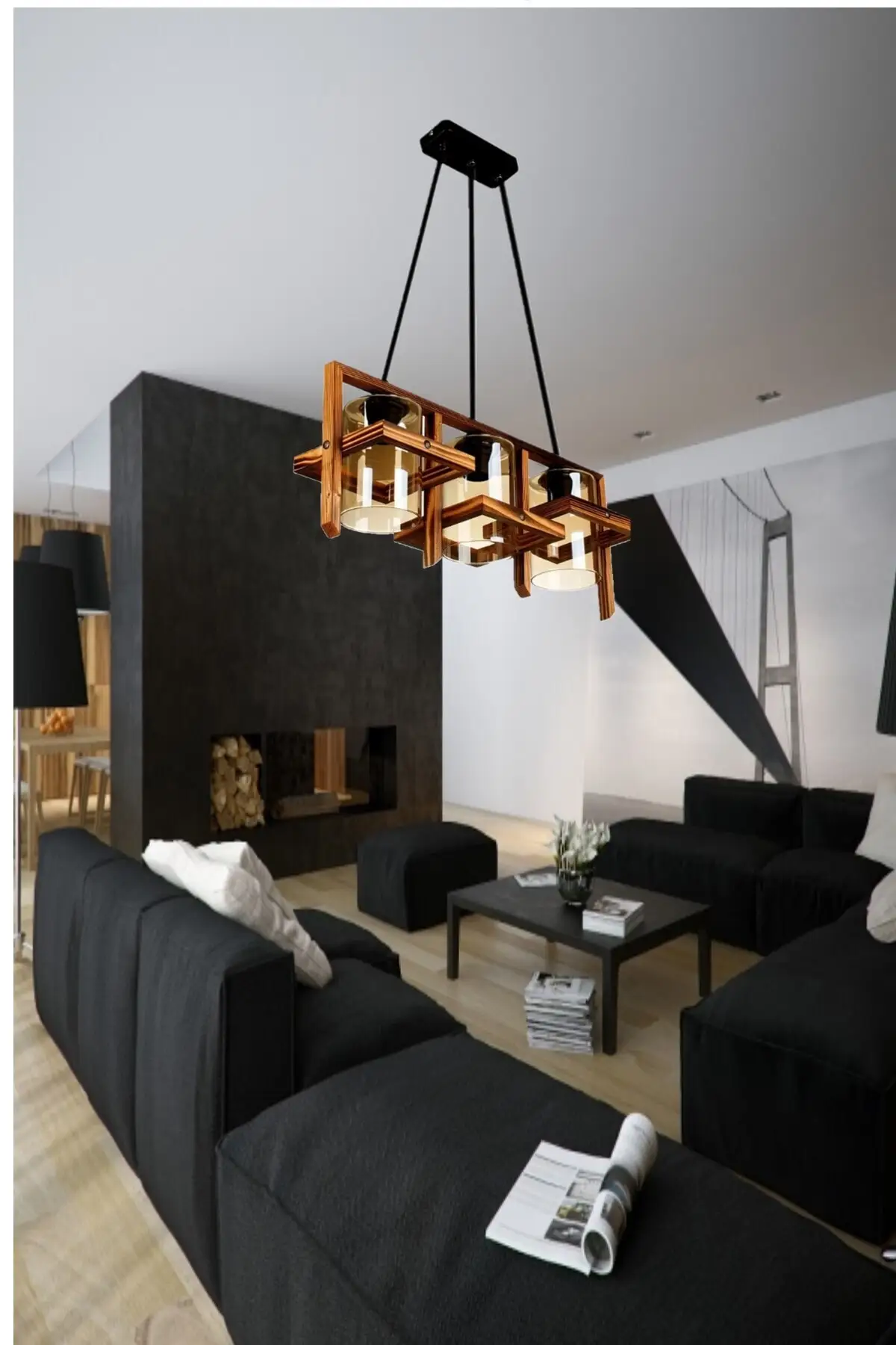 

Natural Tumbled Light 3 Pieces Pendant Lamp Chandelier Wood Light Nordic Style Rustic Chandelier Natural Lighting Living Study R