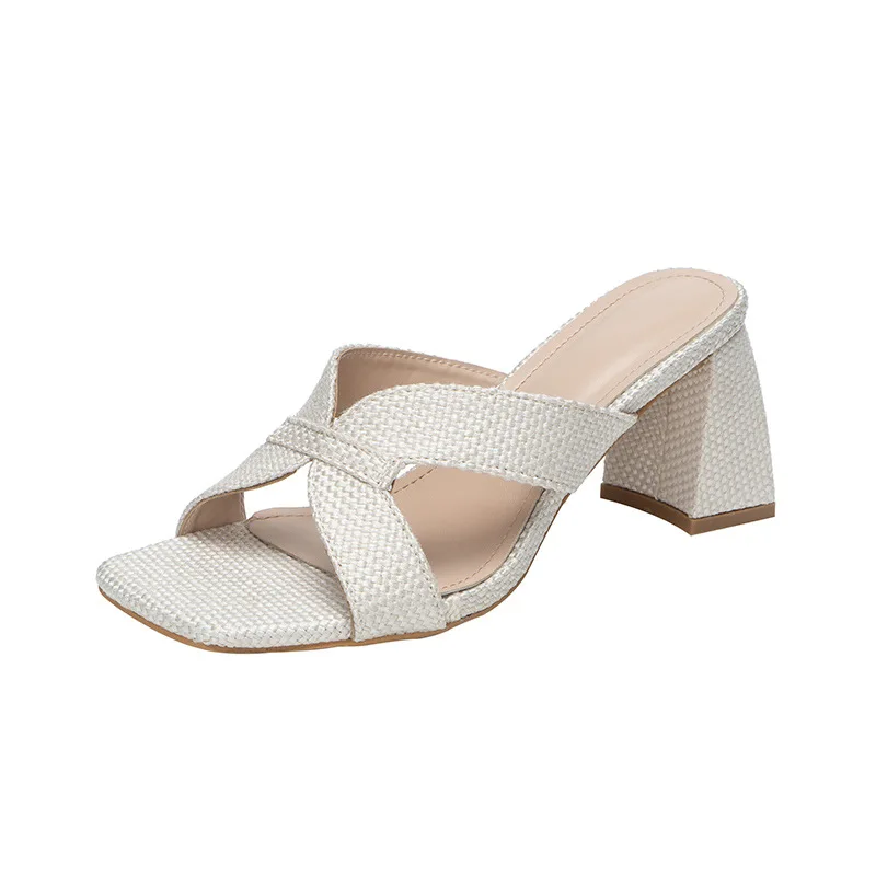 FAFA Heels Hot Linen Coarse Heel Slippers Female Summer Sandals High Heel Sandals Female Shoes Europe And The United States