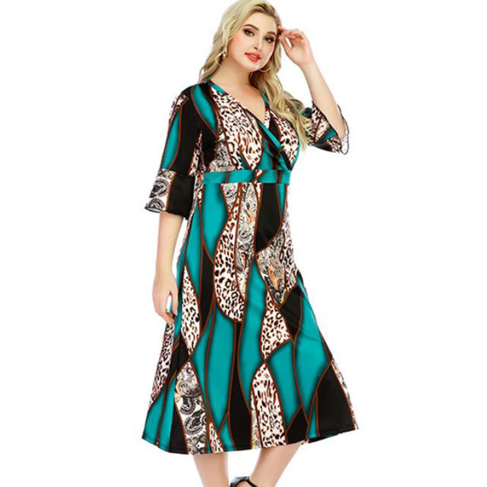 

Women Plus Size Flared 3/4 Sleeve Sexy Wrap V-Neck Midi Long Swing Dress Colorblock Leopard Print A-Line Party