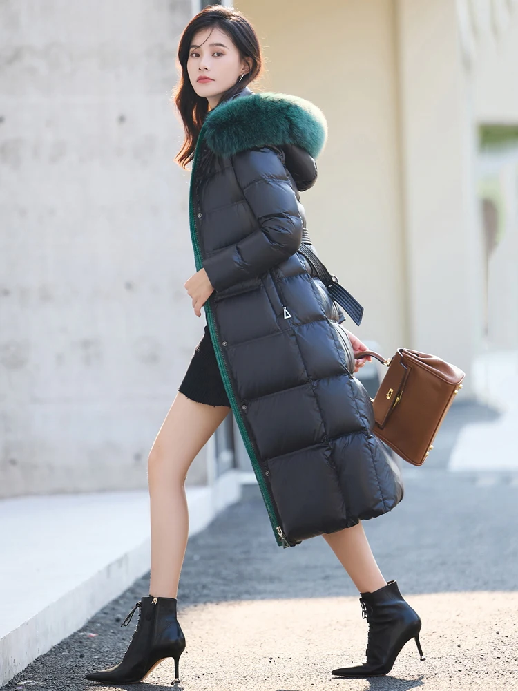 New Women Real Fox Fur Collar Down Coat Winter Fashion Hooded Two-colour Belt Slim Long Down Jacket Thicken Warm Black Overcoat
