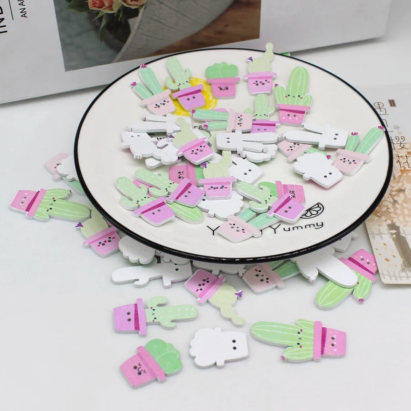 

50 шт., декоративные искусственные деревянные пуговицы с изображением кактуса