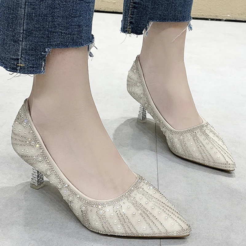 

Rimocy Thin Heels Shining Crystal Pumps Women 2022 New Slip on Pearl High Heeled Shoes Elegant Pointed Toe Wedding Pary Shoes