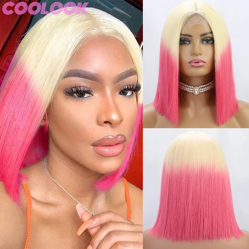 

Blonde Pink Short Bob Wig Natural Straight Hair Wigs for Women Middle Part Synthetic Orange Cosplay Wig African American