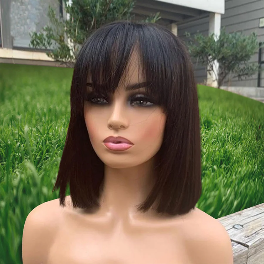 

Short Bob Wig With Bangs Straight Brazilian Hair Wigs For Women Perruque Cheveux Humain Full Machine Wigs Cheap Human Hair Wigs