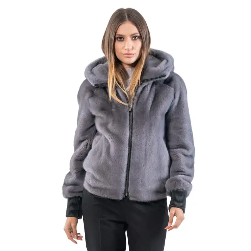 Winter Real Mink Fur Coat For Woman Warm Jacket With Hat & Zipper Ladies Cold-Resistant Short Outerwear Fashion Spring Essential