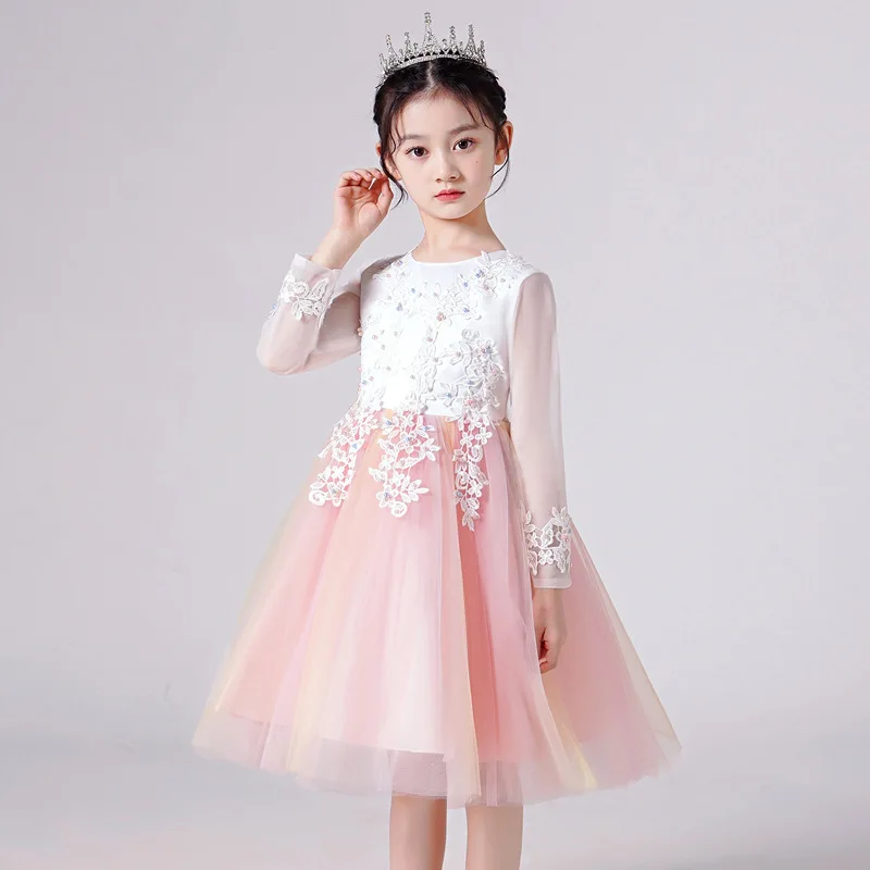 

Girls Party Dresses Pink Red White Longuette Performance Costume Wedding Activity Dress Host Clothing Princess Long Skirt Summer