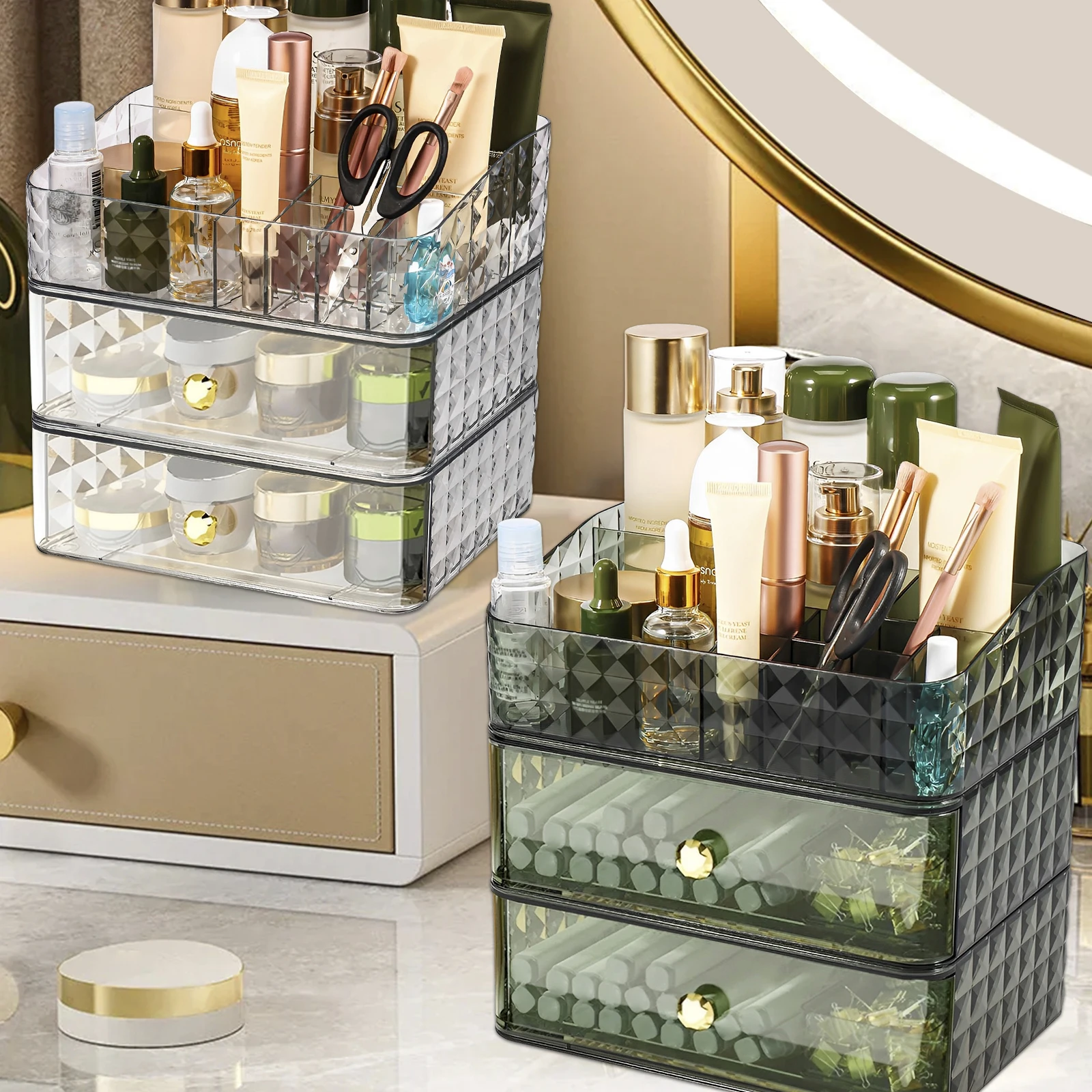 

Органайзер для макияжа с штабелируемыми ящиками, вместительный органайзер для косметики с отделением, 3 уровня