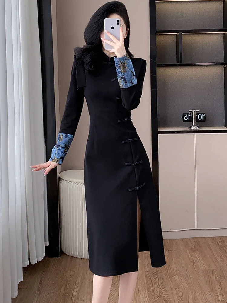 Черное платье-Ципао с длинным рукавом и воротником-стойкой Осень-зима корейское