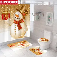 Merry Christmas Snowman Gift Print Shower Curtain Bathroom Curtains Toilet Cover Lid Non Slip Rug Bath Mats Xmas Home Decor