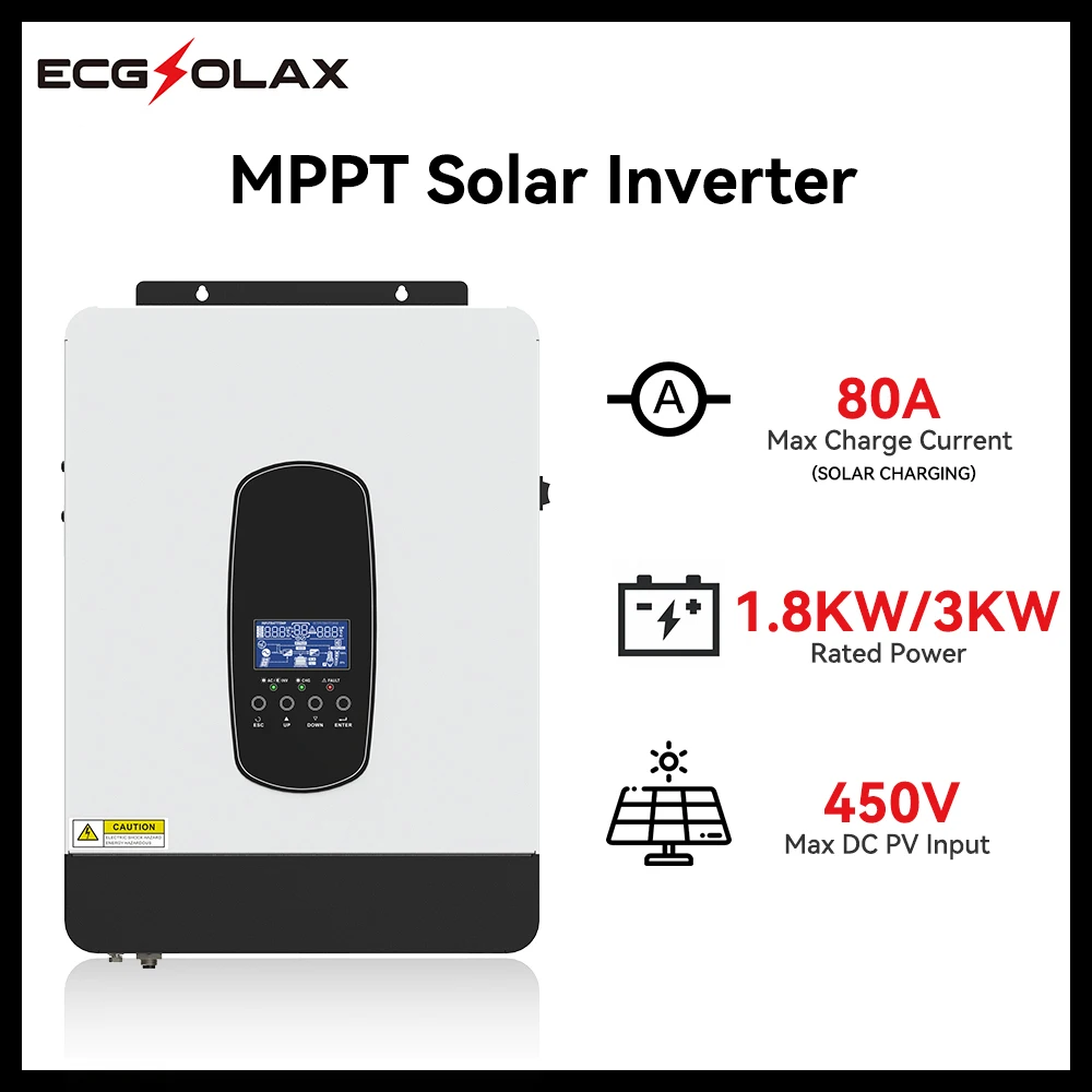 

ECGSOLAX Hybrid Solar Inverter 12V/24V 3KW 1.8KW Inverter Off Grid Built in 80A MPPT Controller Pure Sine Wave Max PV 450VDC