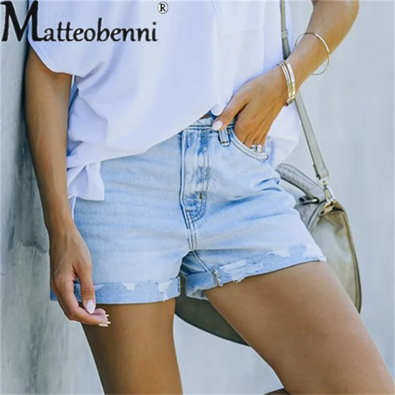 Summer Fashion Skinny Stretch Denim Shorts Women's Mid-waist Casual Light Blue Three Quarter Pants Female Broken Holes Jeans New