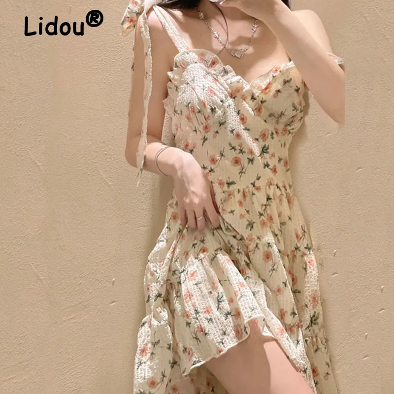 

2022 Summer Women New French Style Sling Dress Backless V Neck Youth Sweet Fashion A-line Midi Chiffon Floral Female Dresses