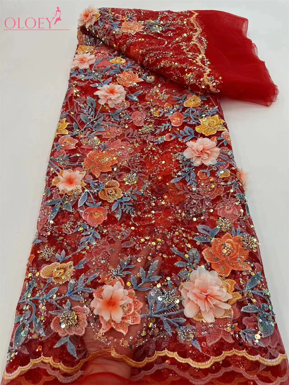 

High Quality Fashion African Tulle Embroidery 3D Flower Beads Lace Fabric With Sequin For Wedding Dress Party Sewing