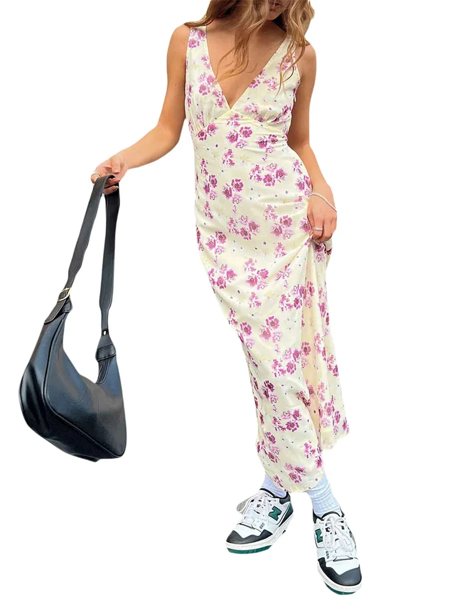 Women Deep V Neck Floral  Sleeveless Spaghetti Straps Bodycon Long Dress Summer Casual Party Dresses