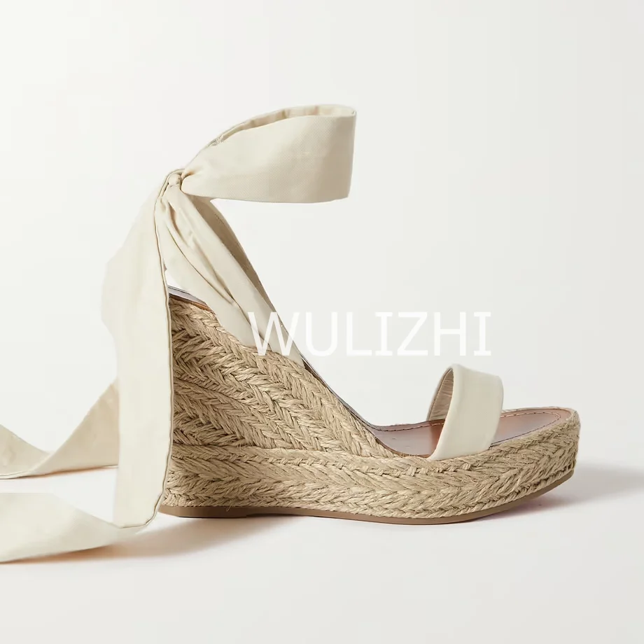 Women Casual Lace-Up High Wedge Espadarille Black White Brown Riband Wrap Sandals Open Slingback Shallow Summer Sea Beach Shoes