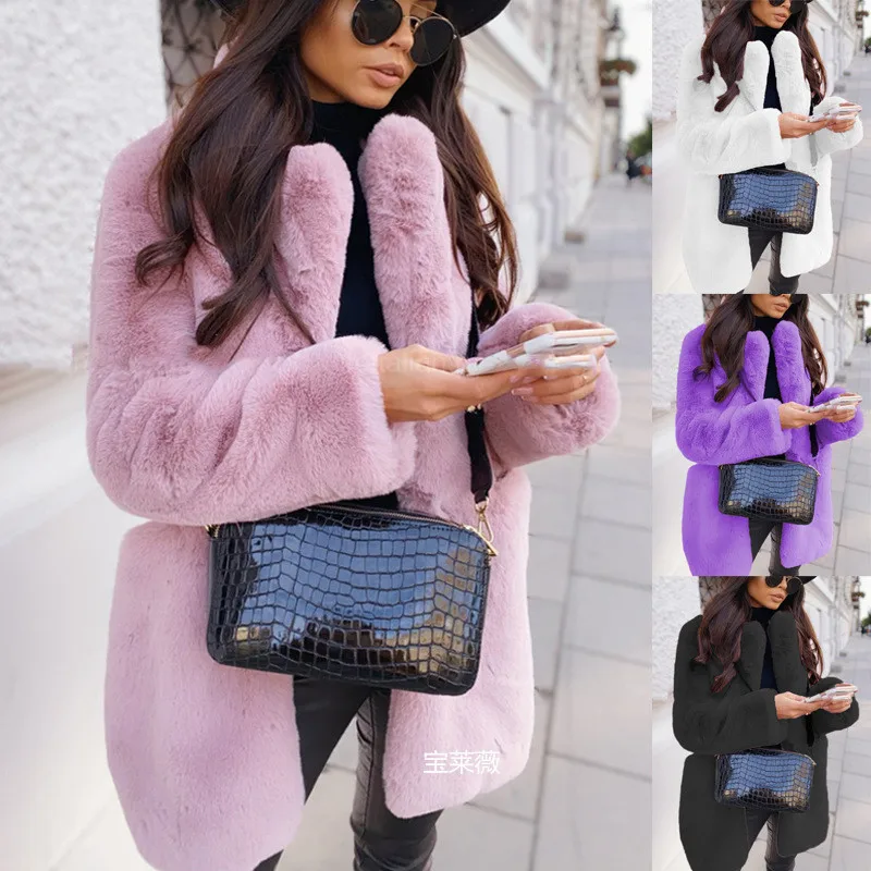 2022 Commuter Long Sleeve Lapel Faux Fur Coat Solid Color Warm Large Coat Women's Fur Thickened