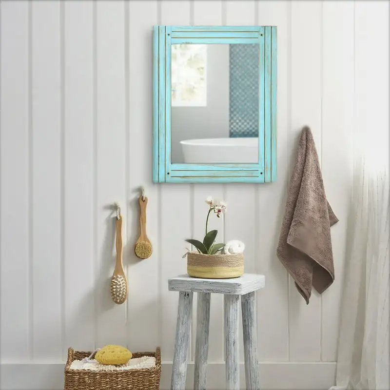 

Distressed 18.5" x 23.5" Blue Rectangular Wood Wall Mirror, Perfect Home Decor to Enhance Any Room's Look and Feel.
