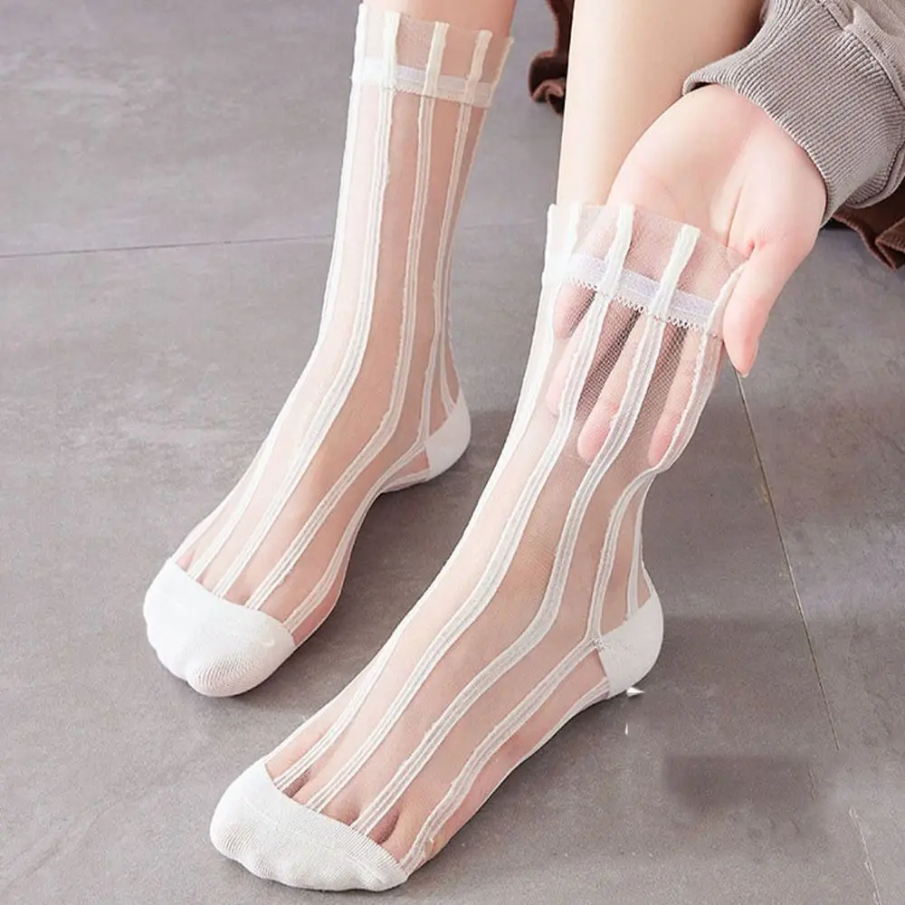

Модные милые летние прозрачные сетчатые полосатые носки в японском стиле, стеклянные шелковые носки, носки средней длины, женские Чулочно-носочные изделия