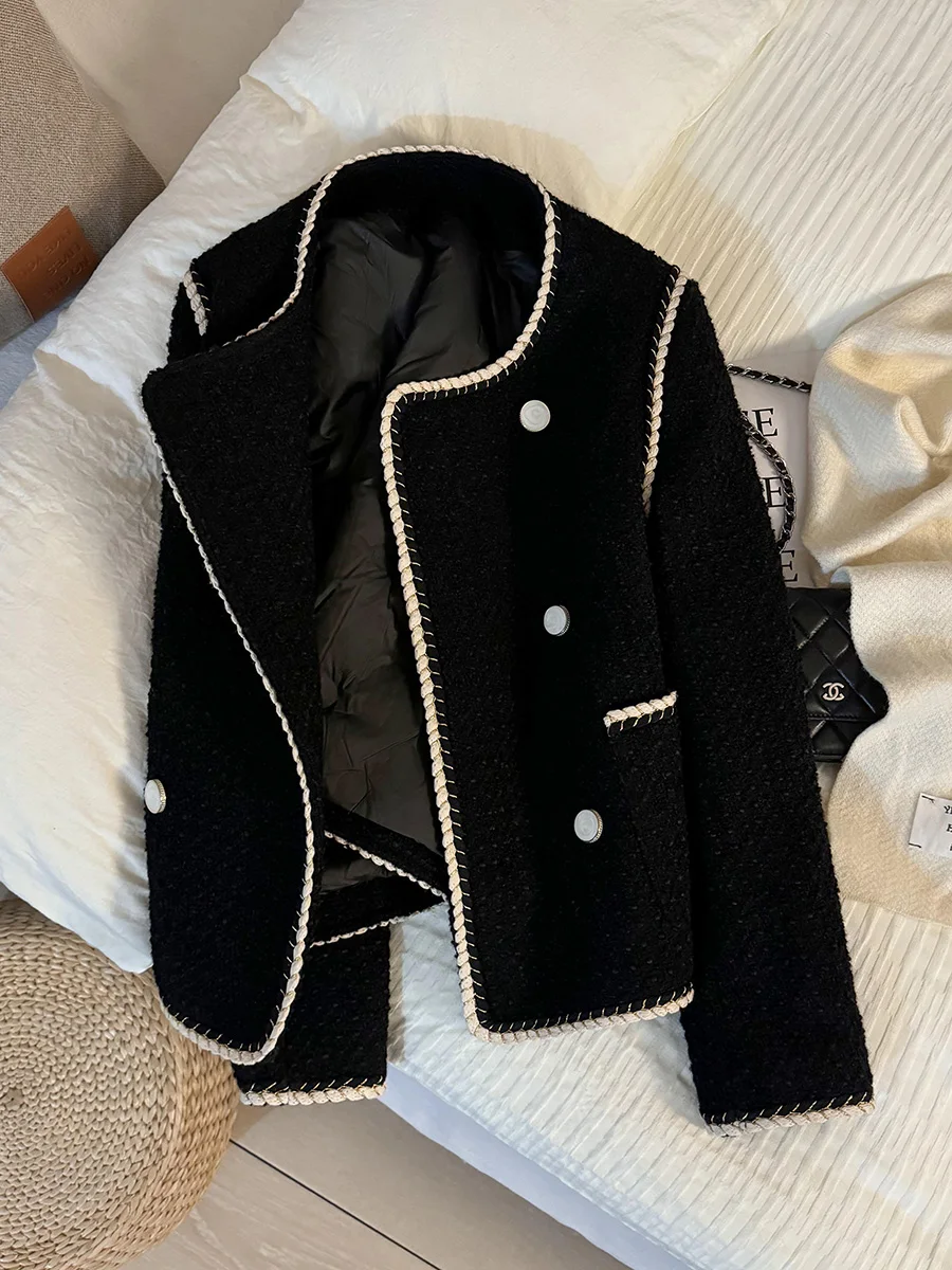 Черное твидовое изящное короткое пальто в стиле преппи для женщин новинка 2024