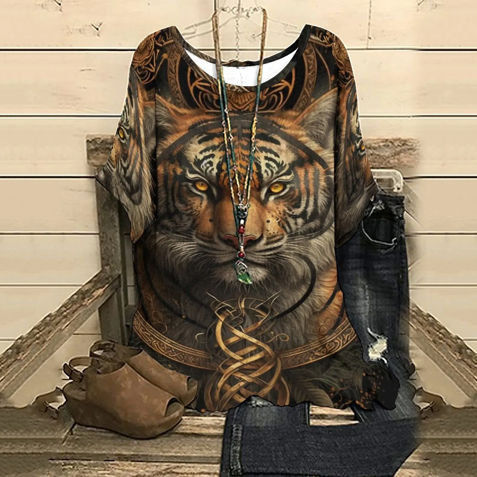 

Summer Women's Half Sleeve T-Shirt FashionMandala Tiger Print Top Tee