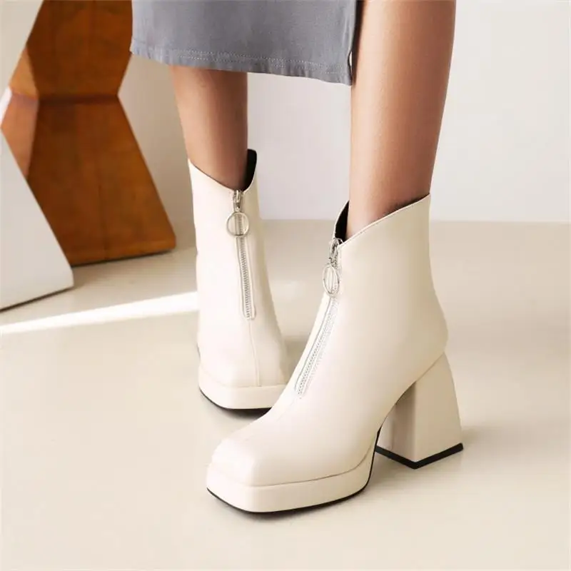 

Women European and American Short Boots Square Toe Thick Bottom Front Zipper Solid Color PU Fashion Street All-match Women Shoes