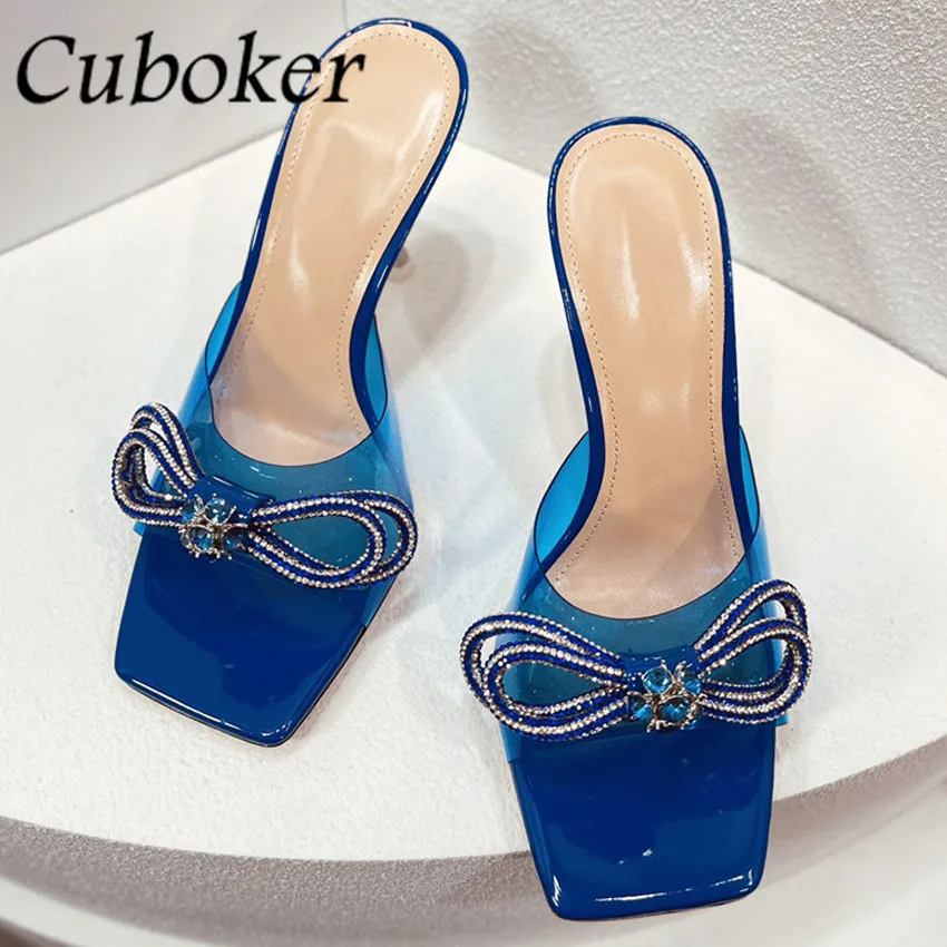 

2022 New Summer PVC Crystal Thin High Heels Slippers Square End Peep Toe Sandals Bow Sexy Party Wedding Dress Shoes For Women