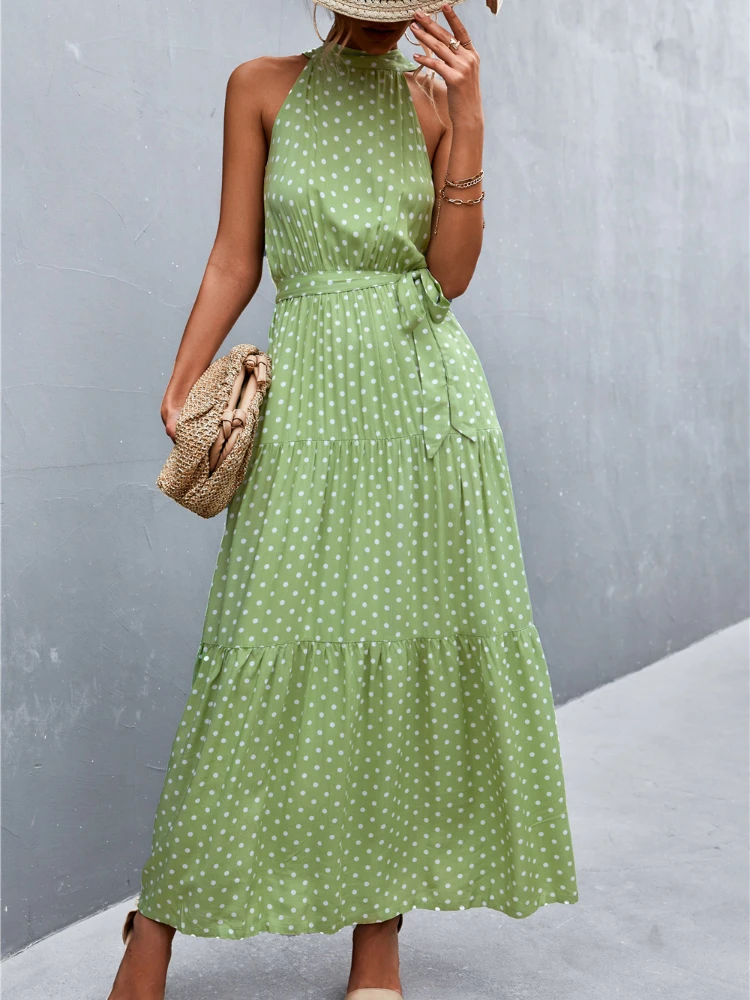 

Женское богемное платье в горошек, длинная юбка с лямкой на шее, Бандажное разноцветное платье без рукавов, лето 2023